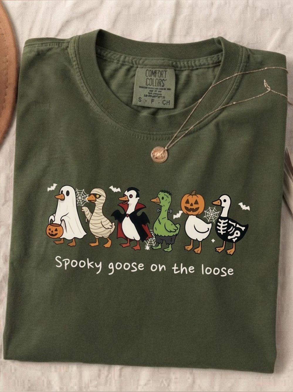Spooky Goose on the Loose Halloween Duck Green Comfort Color T-Shirt